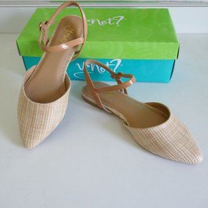NWT raffia patent faux leather pointed toe ankle strap flats tan size 6